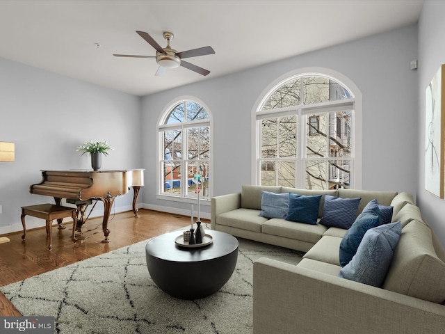 living room with ceiling fan and hardwood / wood-style floors