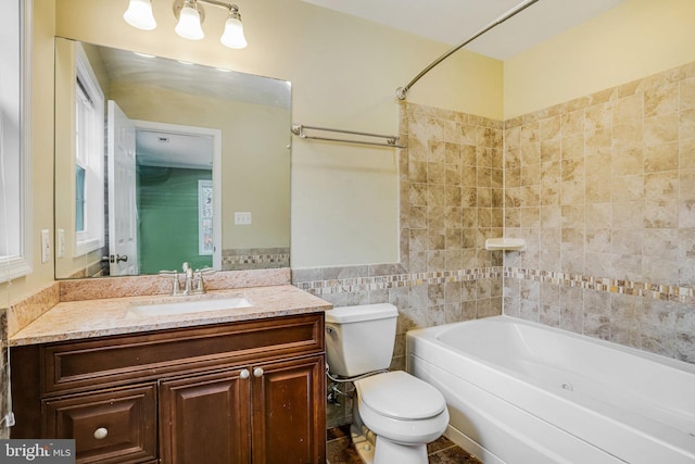 full bathroom featuring vanity, toilet, shower / bath combination, and tile walls