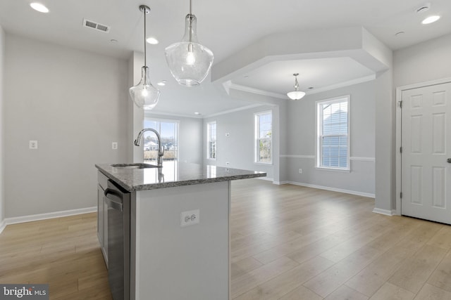 kitchen with an island with sink, sink, pendant lighting, and light hardwood / wood-style floors