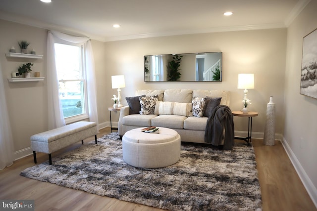 living room featuring wood-type flooring and ornamental molding