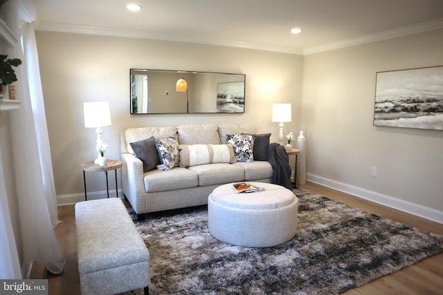 living room with dark wood-type flooring and ornamental molding