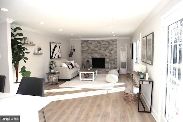 living room featuring crown molding, a large fireplace, and light hardwood / wood-style flooring