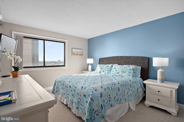 carpeted bedroom with a textured ceiling