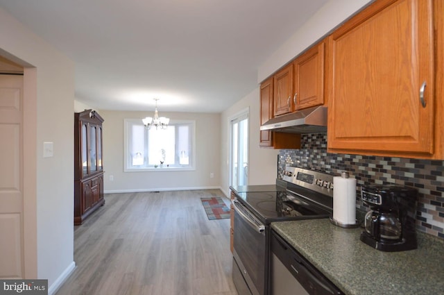 kitchen featuring under cabinet range hood, stainless steel range with electric cooktop, tasteful backsplash, brown cabinetry, and dark countertops