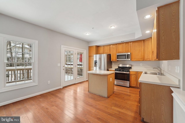 kitchen with light hardwood / wood-style floors, sink, stainless steel appliances, and a center island