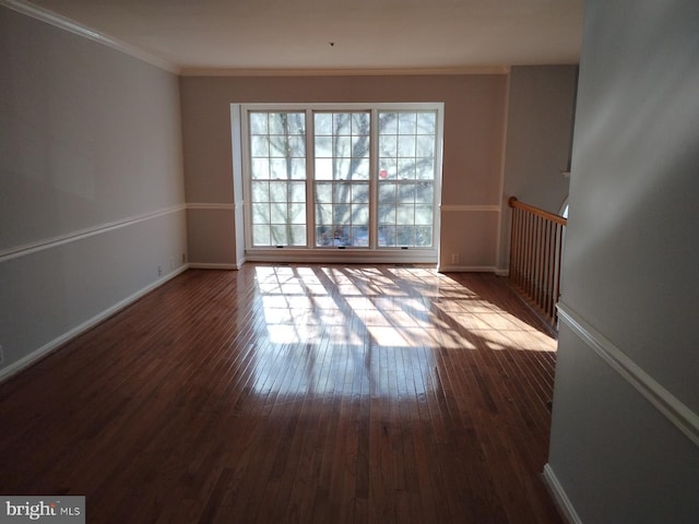 unfurnished room featuring ornamental molding and dark wood-type flooring