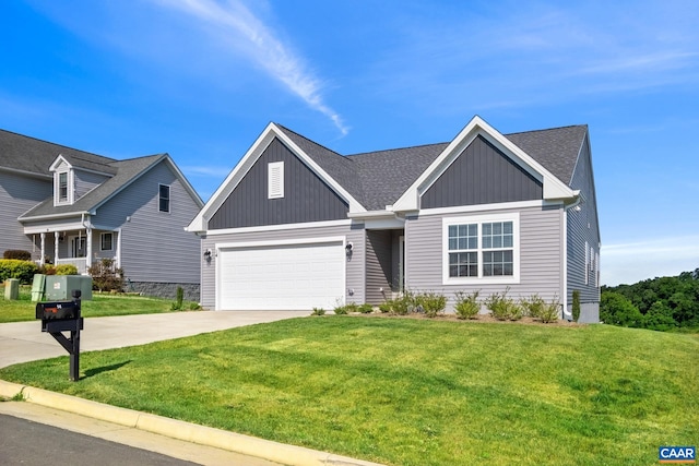 craftsman inspired home featuring a garage and a front lawn