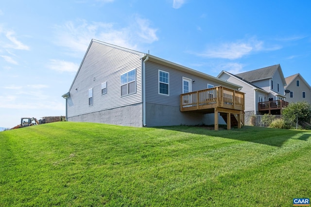 back of property featuring a yard and a deck