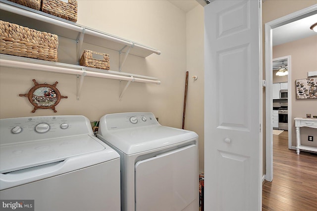 clothes washing area featuring washing machine and clothes dryer and dark hardwood / wood-style flooring