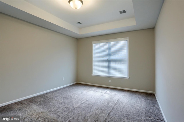 spare room with a tray ceiling and carpet