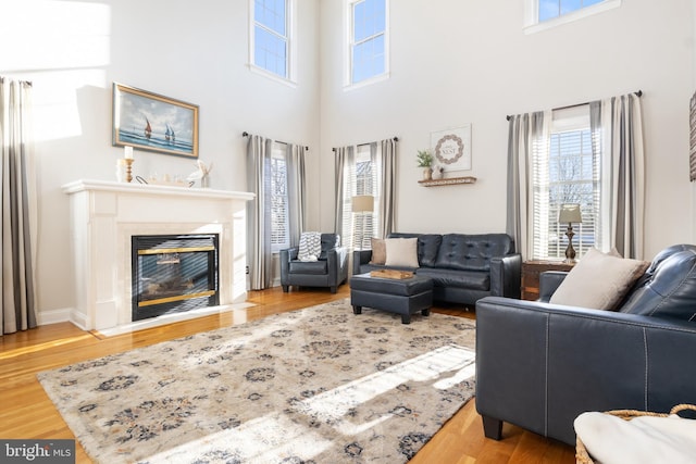 living room featuring a healthy amount of sunlight, hardwood / wood-style floors, and a towering ceiling