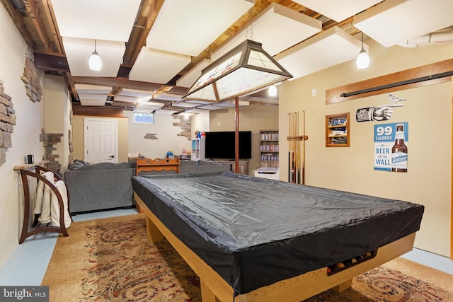 rec room with billiards and light carpet