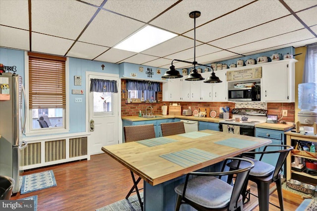 kitchen featuring sink, dark wood-type flooring, white cabinetry, hanging light fixtures, and stainless steel appliances