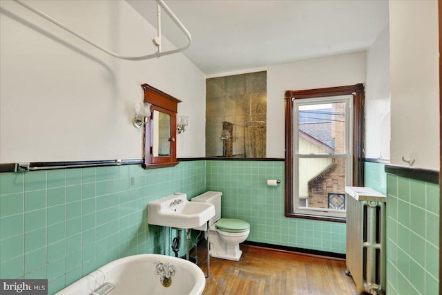 bathroom featuring toilet, sink, tile walls, radiator, and a bathtub