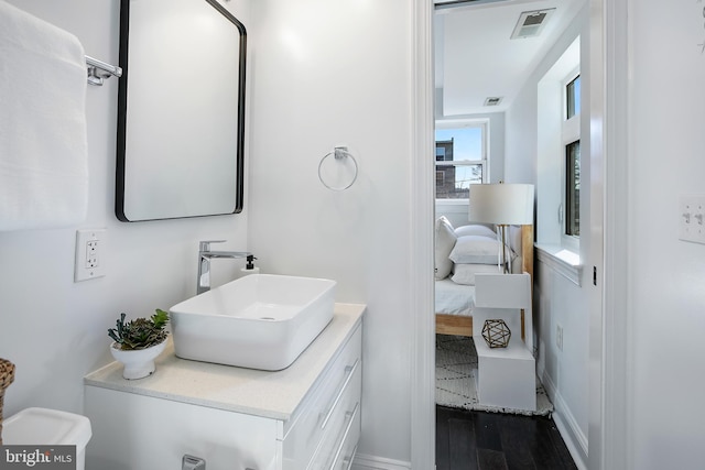 bathroom with wood-type flooring and vanity