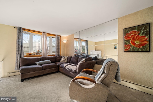 living room with a baseboard radiator and carpet