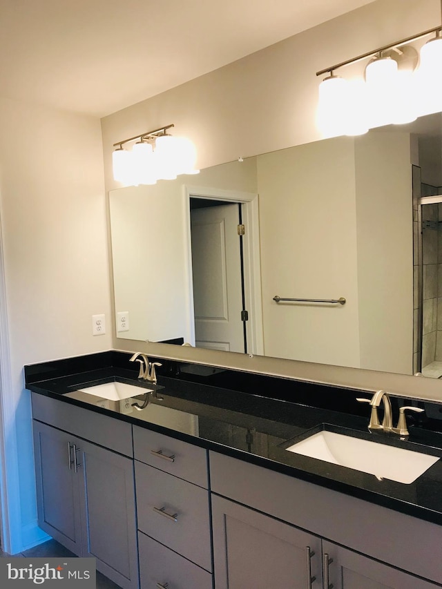 bathroom featuring walk in shower and vanity