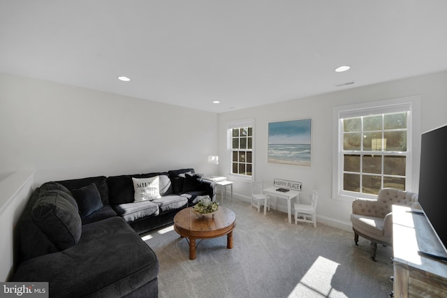 carpeted living room with a healthy amount of sunlight