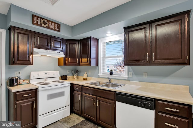 kitchen featuring dark brown cabinets, sink, and white appliances