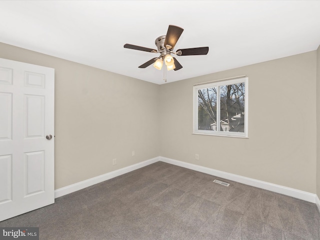 empty room with visible vents, baseboards, and dark colored carpet