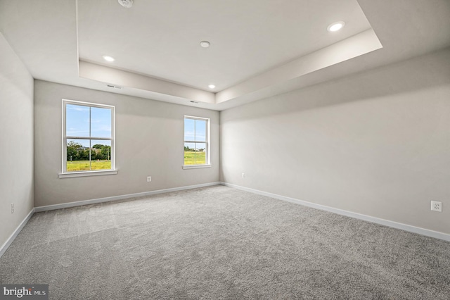 carpeted empty room with a tray ceiling