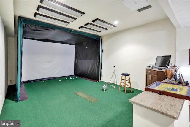 playroom with golf simulator and carpet floors