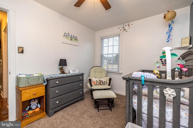 bedroom with ceiling fan and carpet