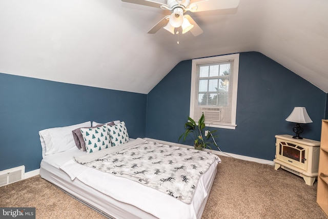 carpeted bedroom with lofted ceiling and ceiling fan