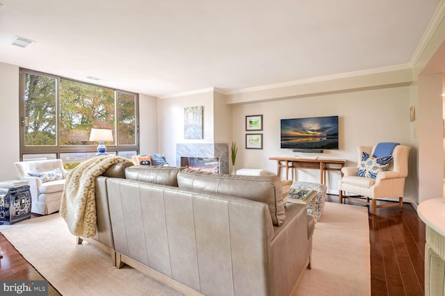 living room featuring ornamental molding, a fireplace, and light hardwood / wood-style floors