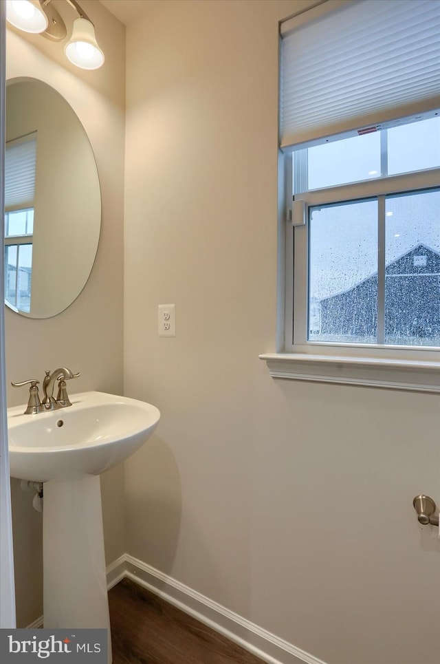 bathroom with hardwood / wood-style flooring and sink