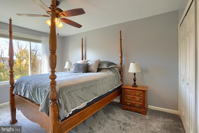 bedroom featuring a closet, ceiling fan, and carpet