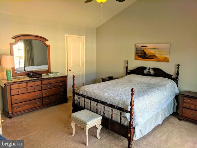 bedroom with lofted ceiling, light carpet, and ceiling fan