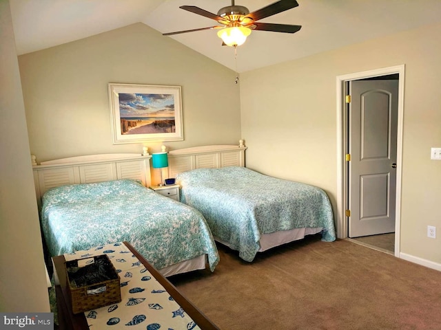 bedroom featuring lofted ceiling, carpet floors, and ceiling fan