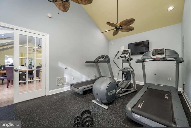 workout area with high vaulted ceiling and ceiling fan