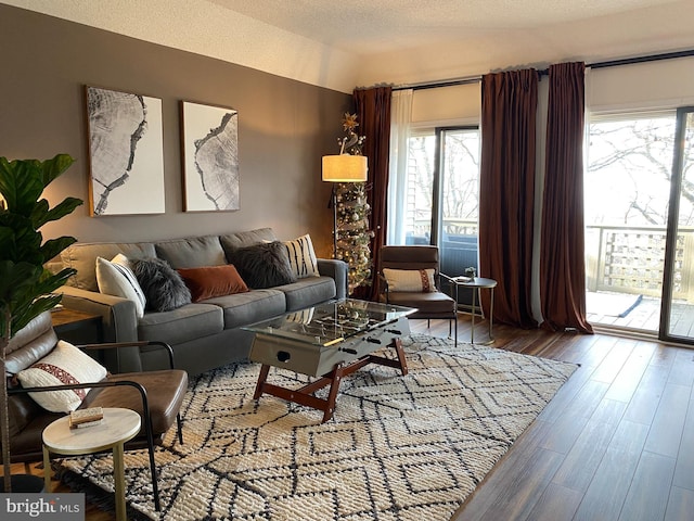 living room featuring hardwood / wood-style flooring and a textured ceiling