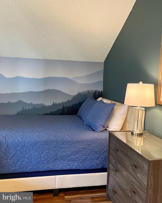 bedroom with dark wood-type flooring, vaulted ceiling, and a textured ceiling