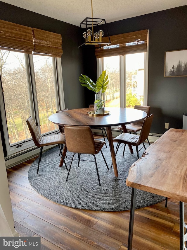 dining area featuring an inviting chandelier, hardwood / wood-style flooring, a healthy amount of sunlight, and baseboard heating