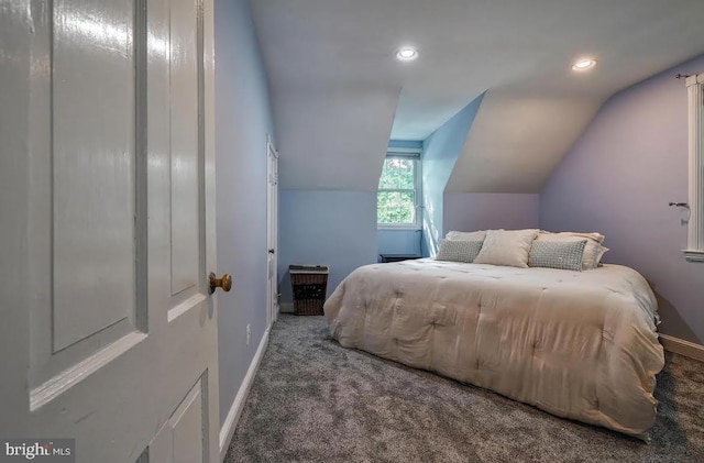 bedroom featuring carpet and lofted ceiling