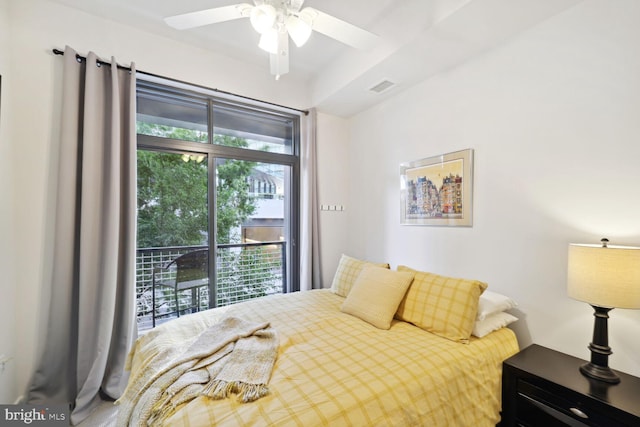 bedroom with access to exterior and ceiling fan