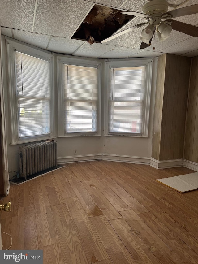 unfurnished room featuring a drop ceiling, radiator, light hardwood / wood-style floors, and a wealth of natural light