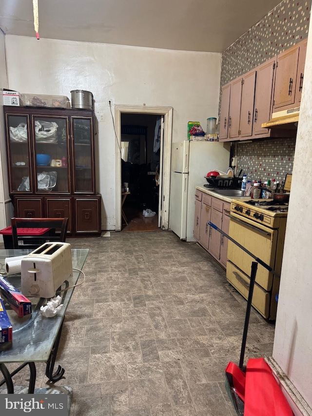 kitchen featuring tasteful backsplash, sink, and white appliances