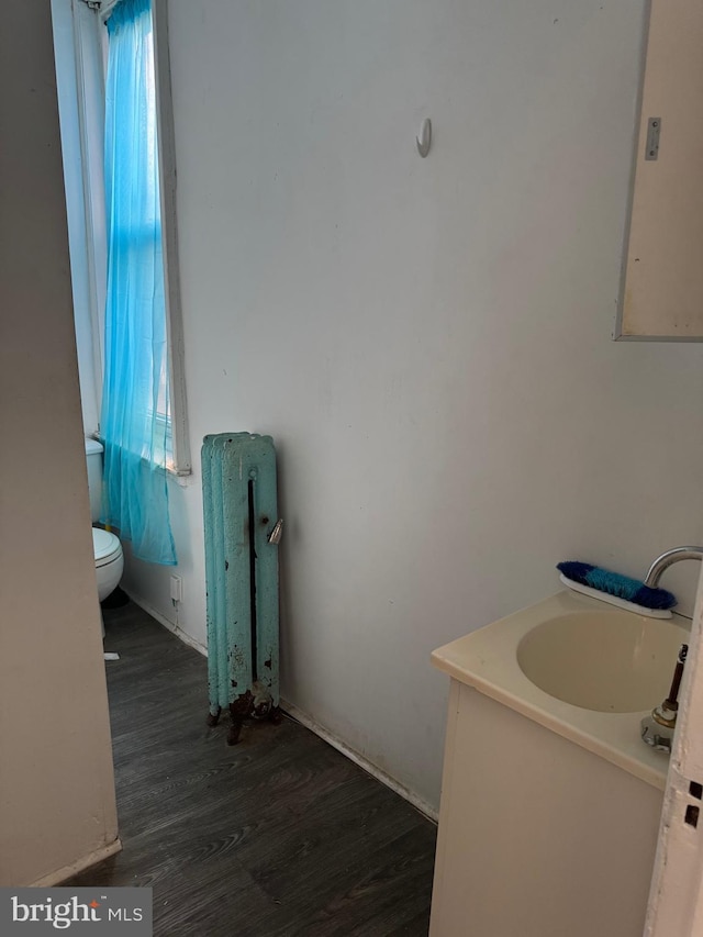 bathroom featuring wood-type flooring, radiator heating unit, vanity, and toilet