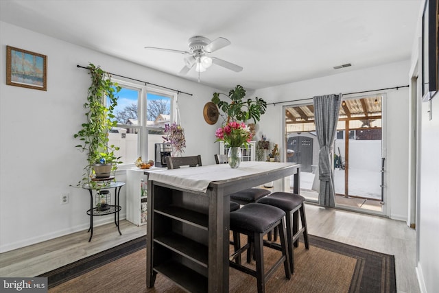 dining room with ceiling fan and wood-type flooring