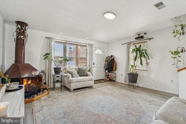 living room with a wood stove and light hardwood / wood-style floors