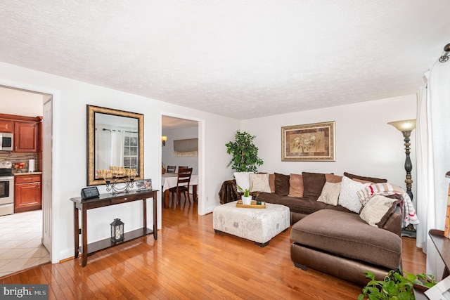 living area featuring a textured ceiling and light wood finished floors