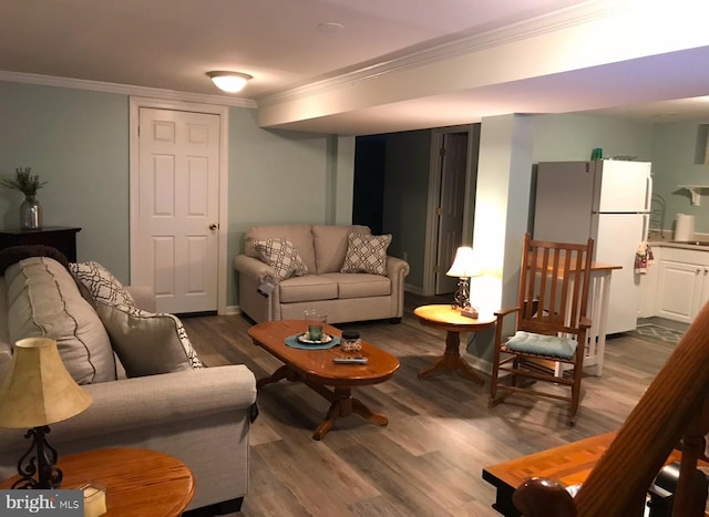 living room with crown molding and wood-type flooring