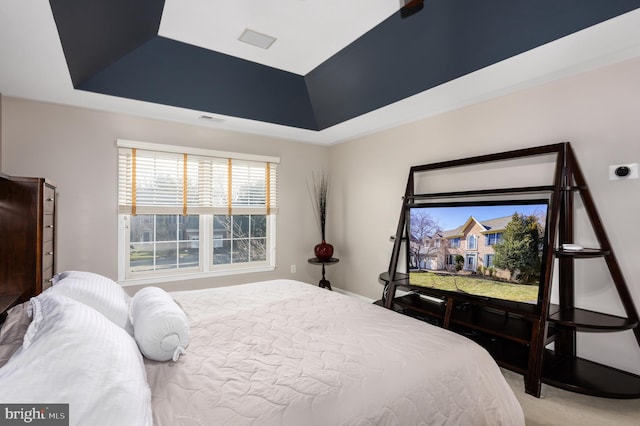 bedroom featuring carpet flooring and a raised ceiling