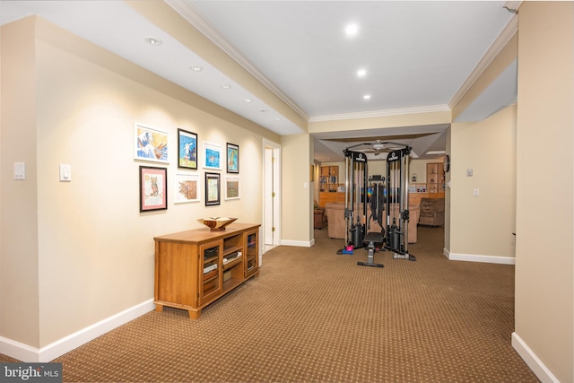 workout area featuring ornamental molding and carpet floors