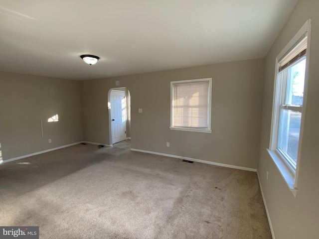 unfurnished room featuring a healthy amount of sunlight and light carpet