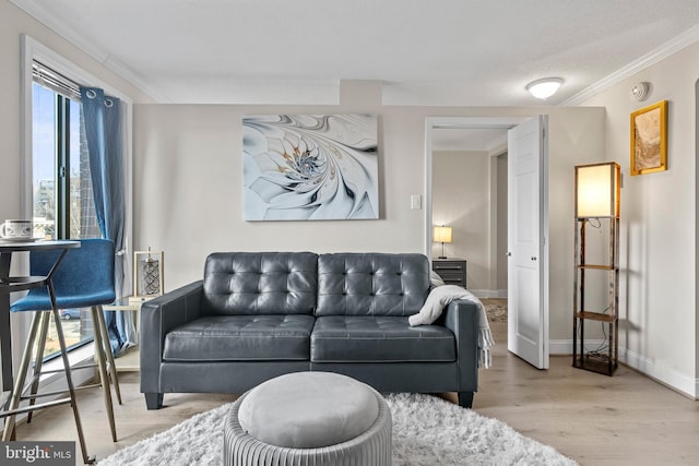 living room with crown molding and light hardwood / wood-style floors